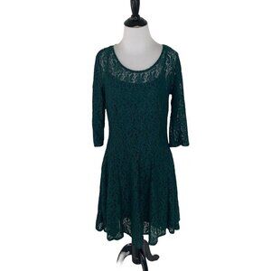 Bebop Women's Junior Size L Large Fit & Flare Dress Lace Overlay Emerald Green
